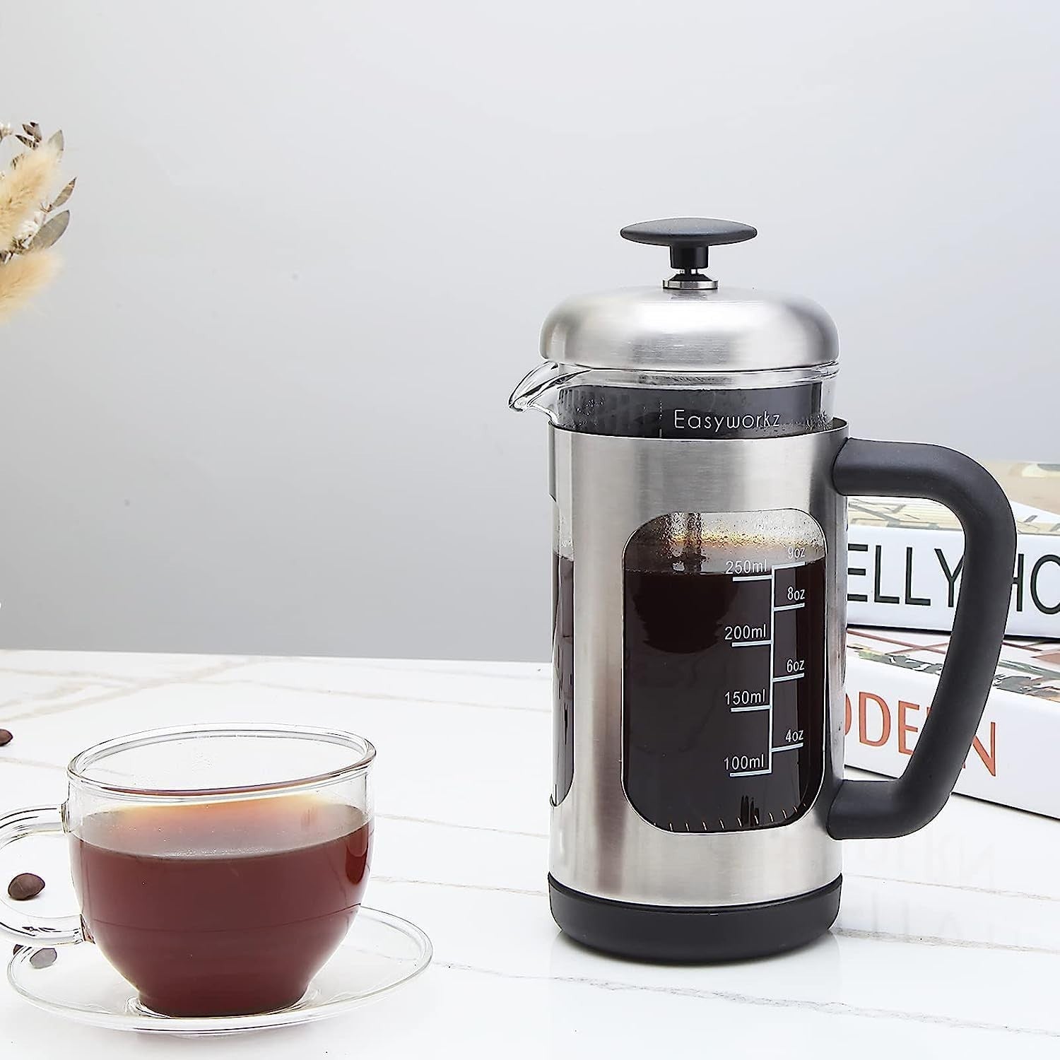Stainless Steel French Press 350ml Coffee Maker Heat-Resistant Glass Soft Grip