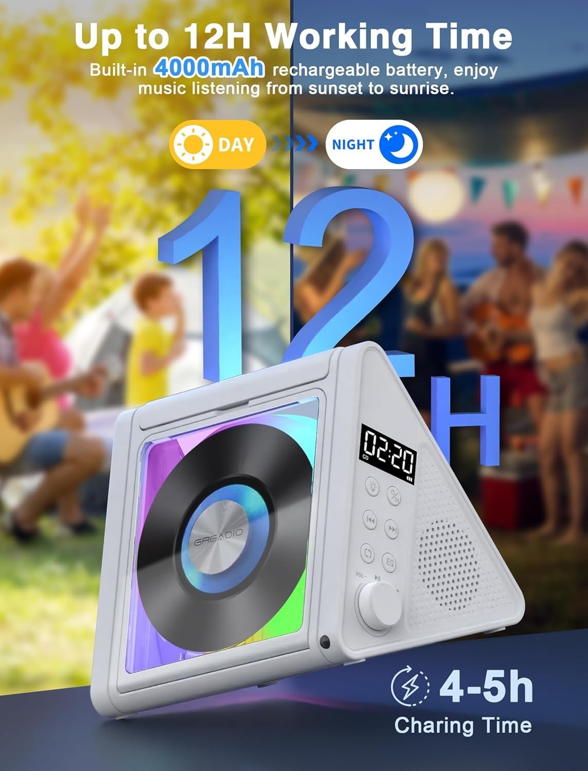 Rechargeable Bluetooth CD Player 20W HiFi FM Radio USB AUX RGB White
