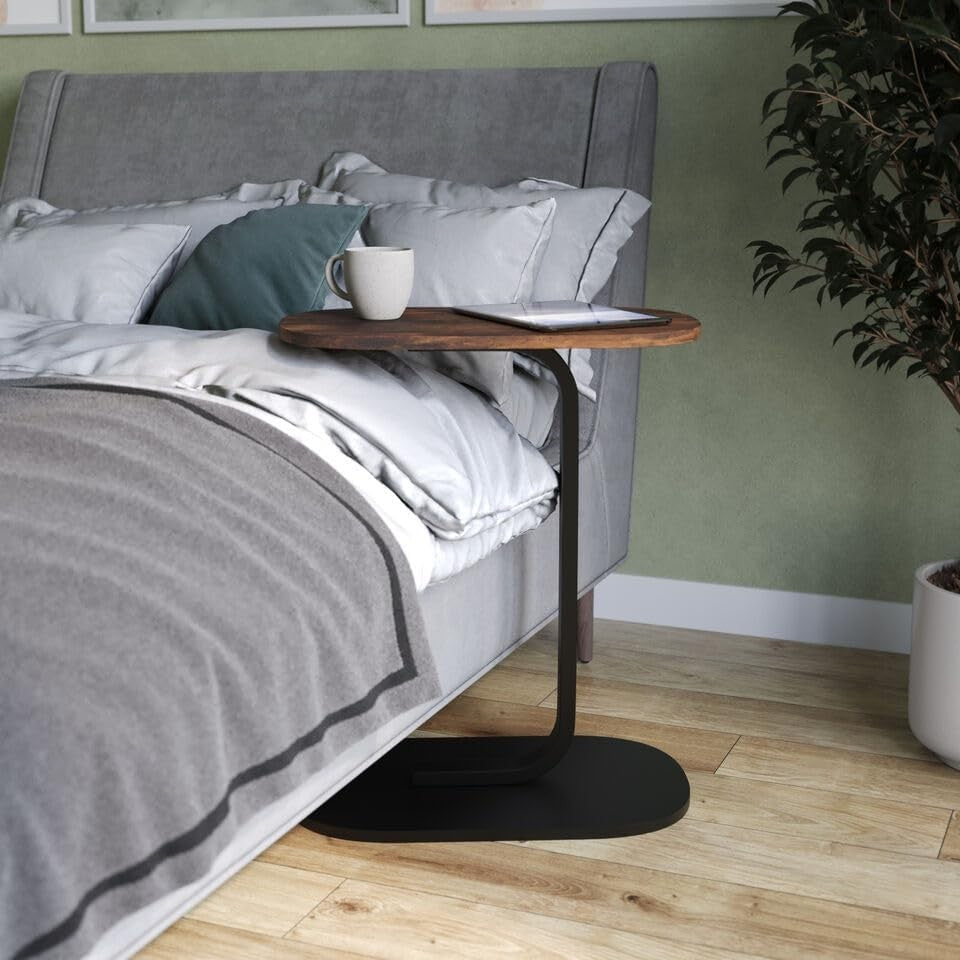 C-Shaped Side Table, Rustic Brown Wood & Metal End Table for Bedside.
