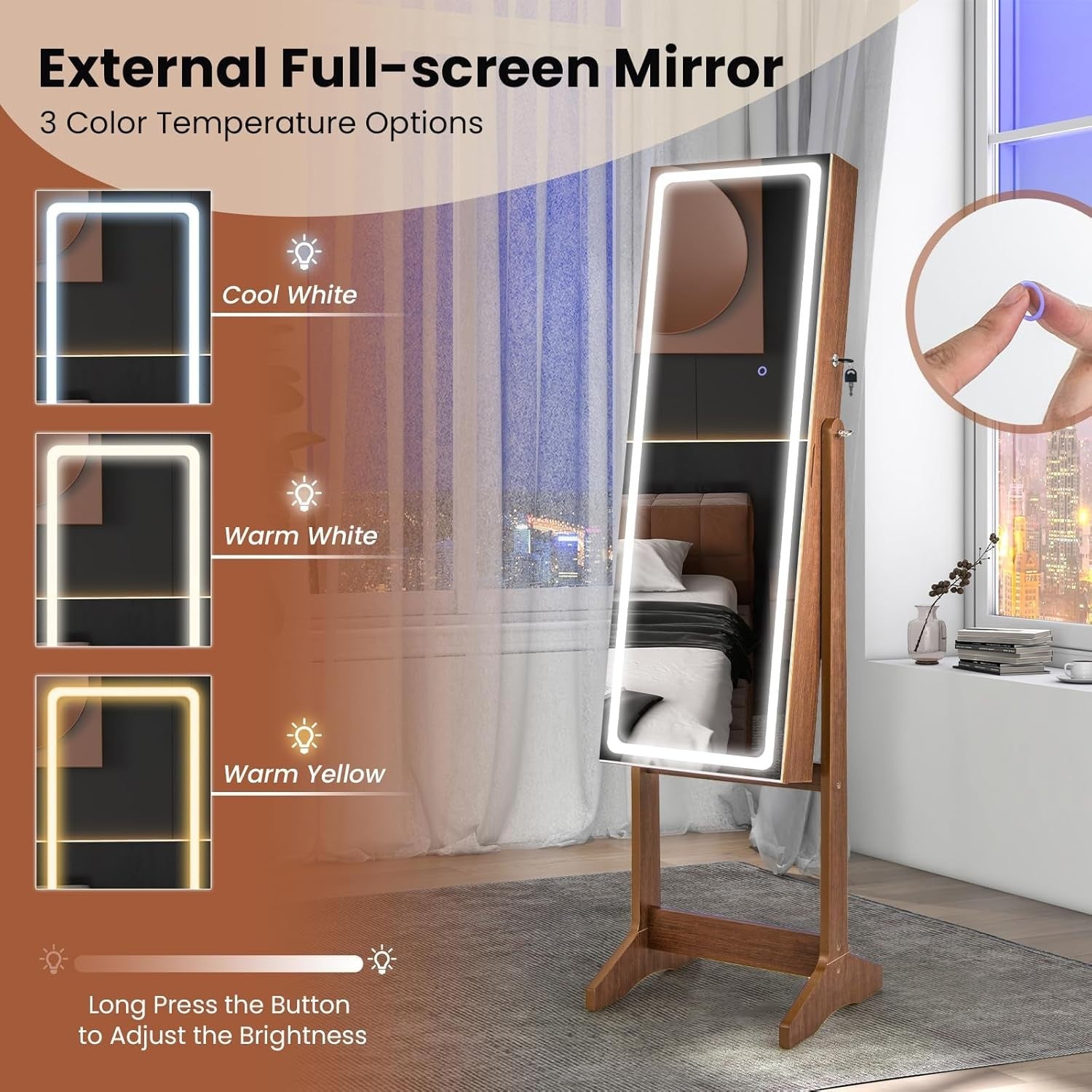 Walnut LED Jewellery Cabinet Full Length Mirror Adjustable Lockable Armoire