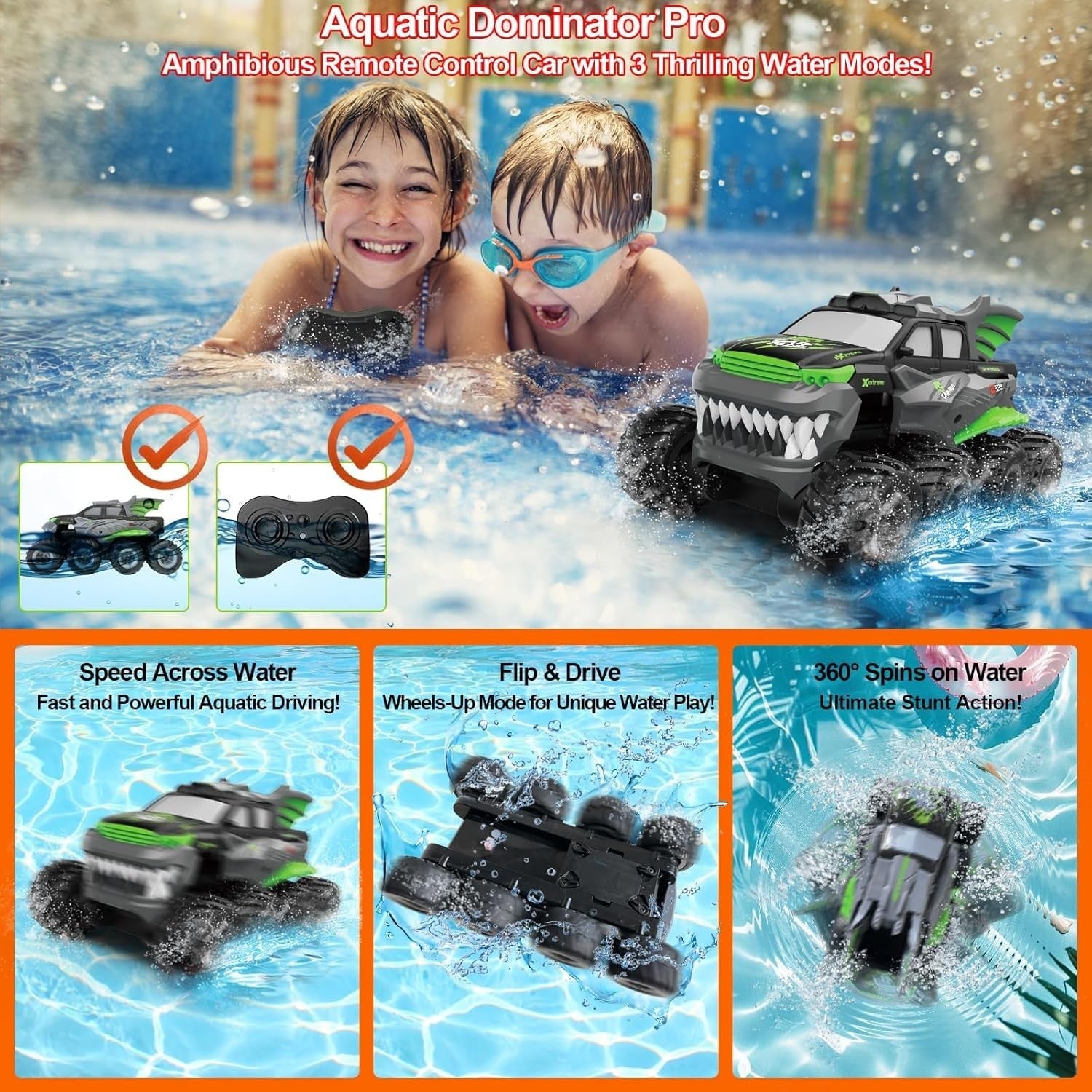 8WD Amphibious RC Monster Truck – Waterproof Off-Road Car w/ 2 Batteries, Green