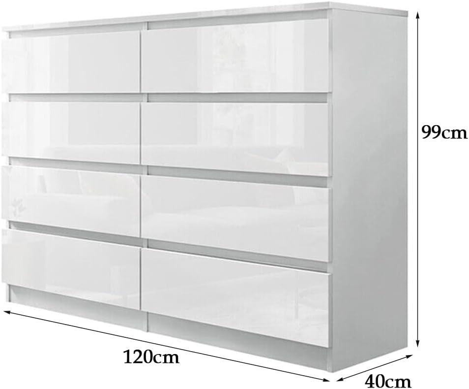 White Gloss 8 Drawer Chest Wide Tall Bedroom Storage Unit Modern 120cm