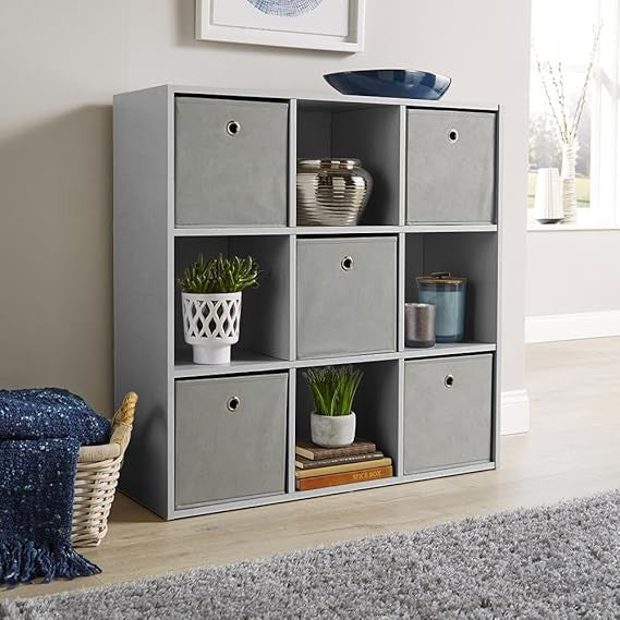 Modern 9-Cube Storage Bookcase Unit Grey – Freestanding Shelving for Home Office