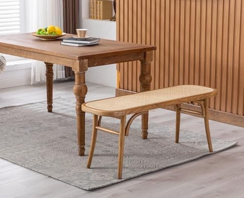 Natural Rattan Ottoman Bench with Wood Legs – Retro Hallway & Dining Seat