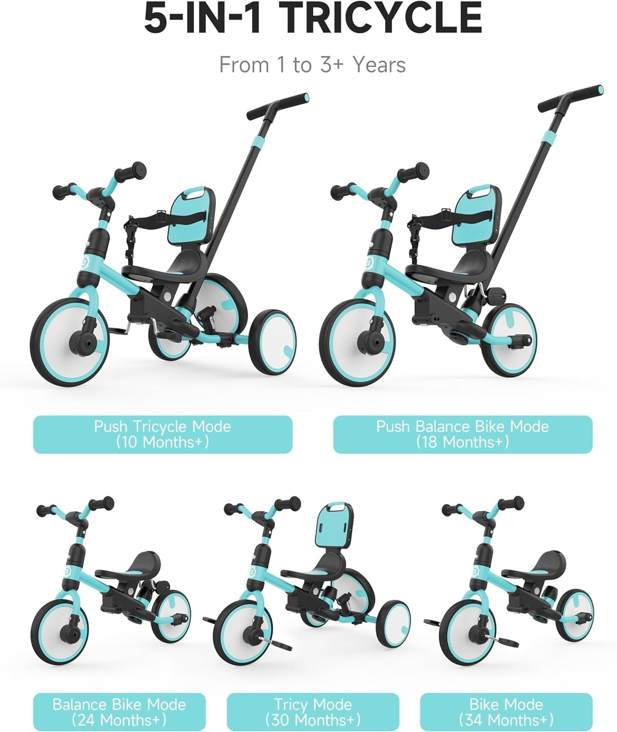 5 In 1 Kids Tricycle Push Handle Balance Bike Safety Harness Toddler