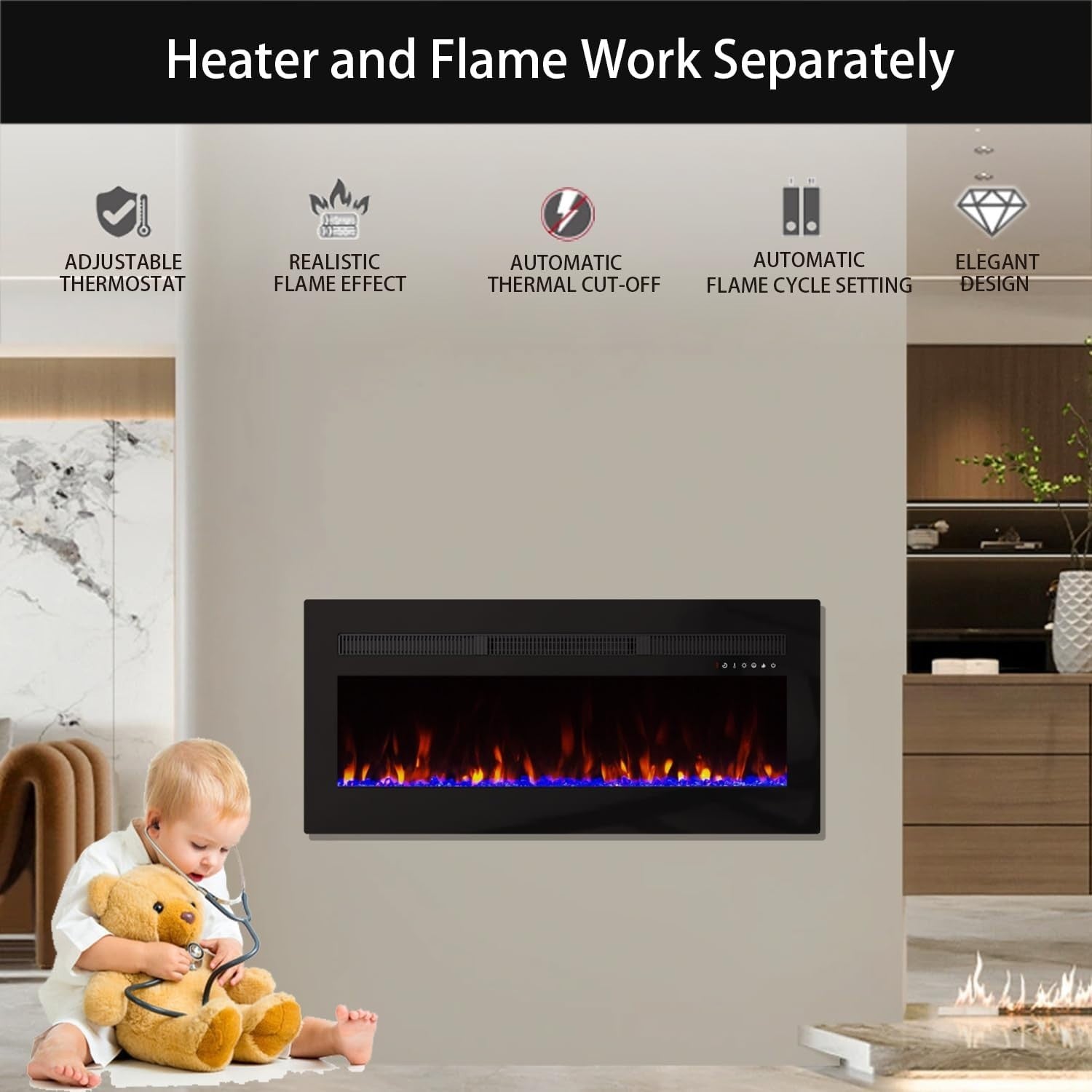 Wall-Mounted Electric Fireplace 60" with 16 Color Flames & Remote Control