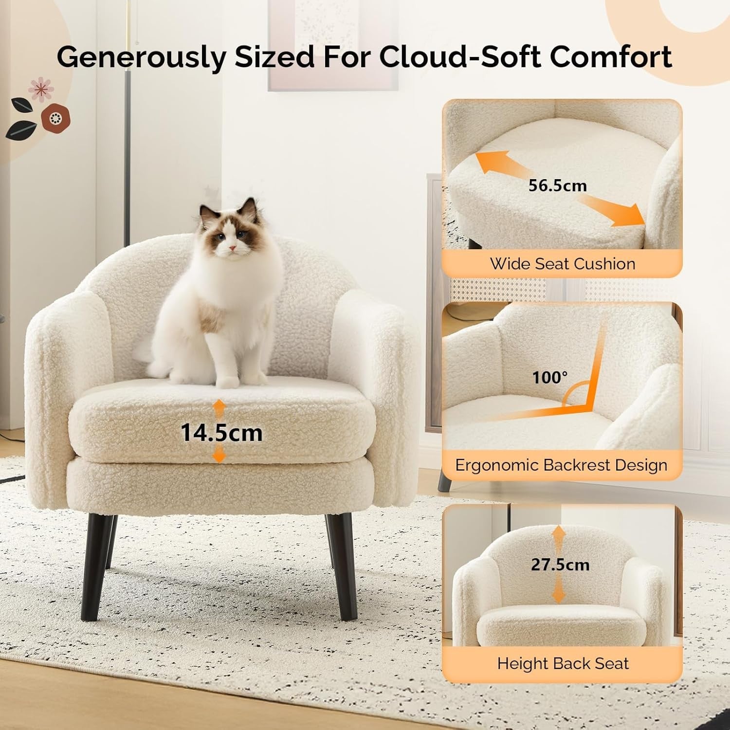 Modern Teddy Fleece Accent Armchair Wide Track Arms Wood Legs White