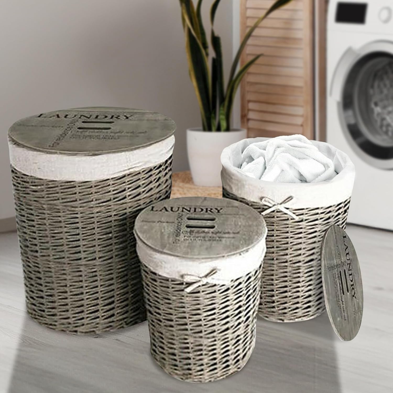 Set of 3 Wicker Laundry Baskets with Lids | Vintage Grey Storage Hampers | Small