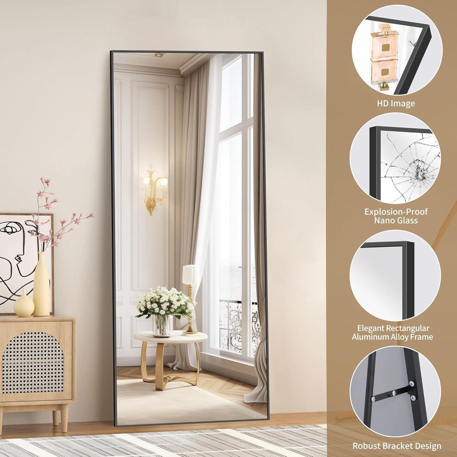 Large Full Length Black Mirror 179x65cm Freestanding & Wall Mount Stylish Frame