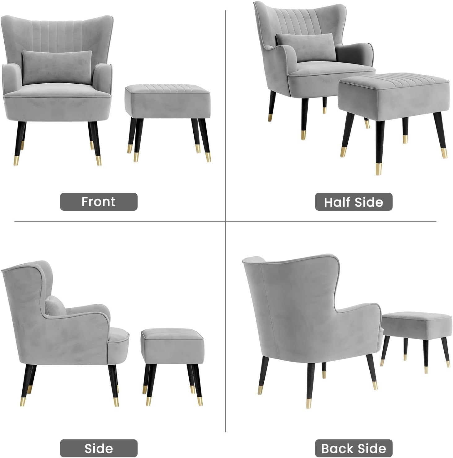Velvet Accent Chair with Footstool Ottoman – Lounge Armchair for Home