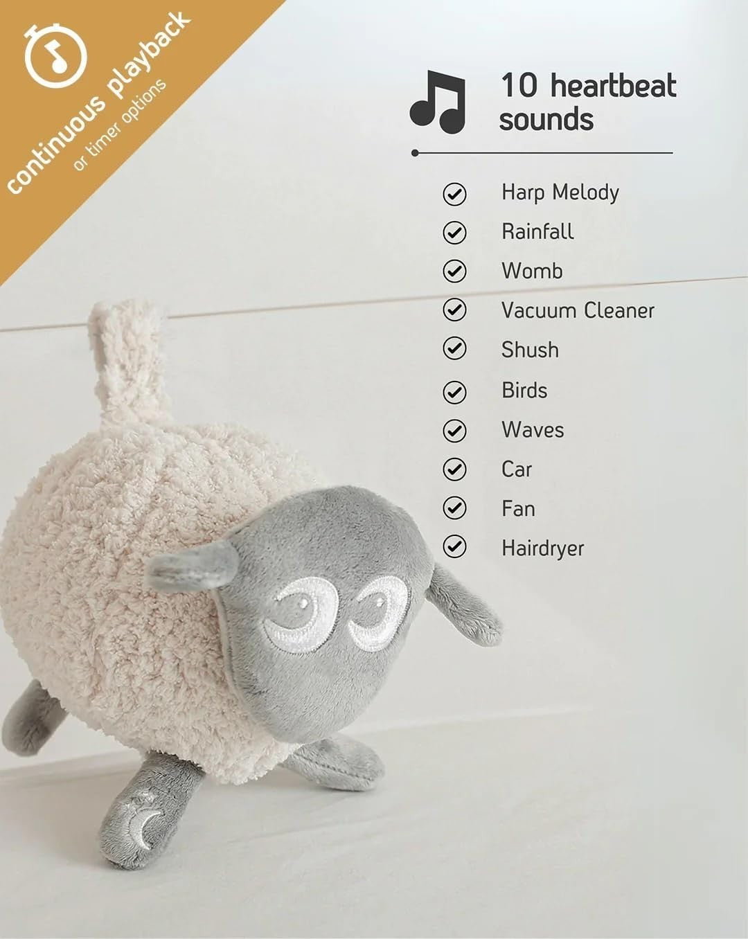 Baby Sleep Aid Plush White Pink Noise Cry Sensor Night Light USB