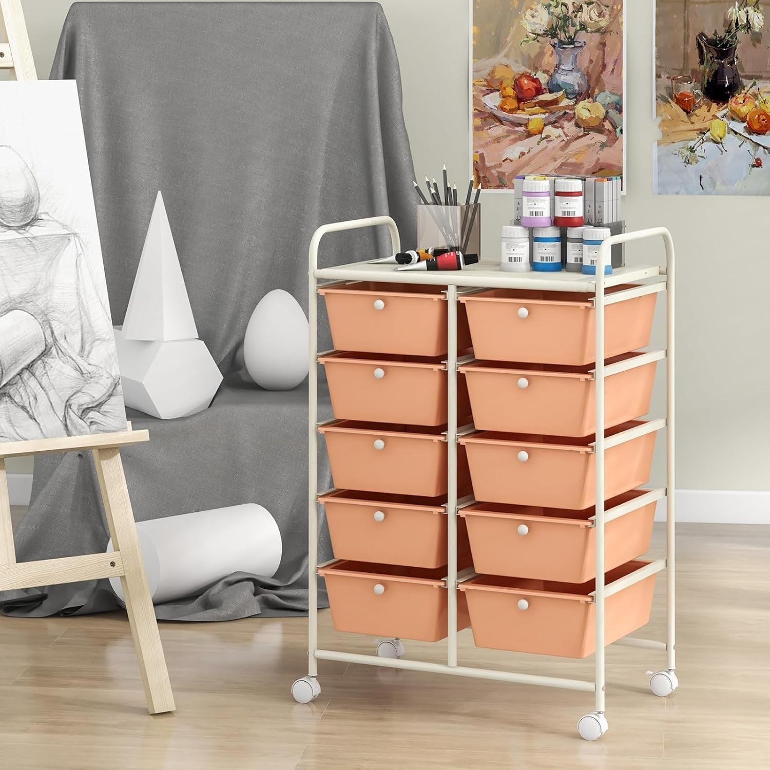 Peach 10 Drawer Rolling Storage Cart Utility Trolley Beauty Organizer