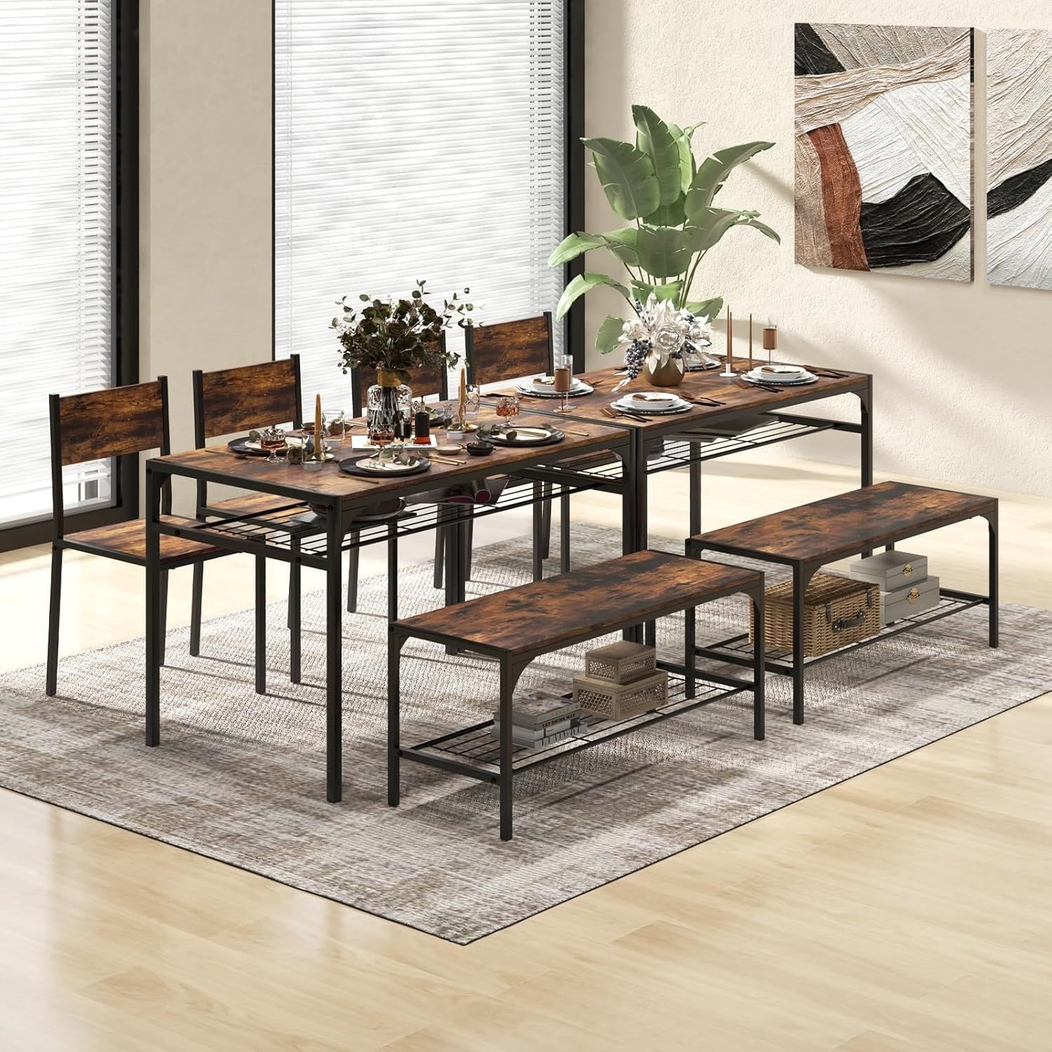 Dining Table Set with 2 Chairs & Storage Bench Rustic Brown for Small Space