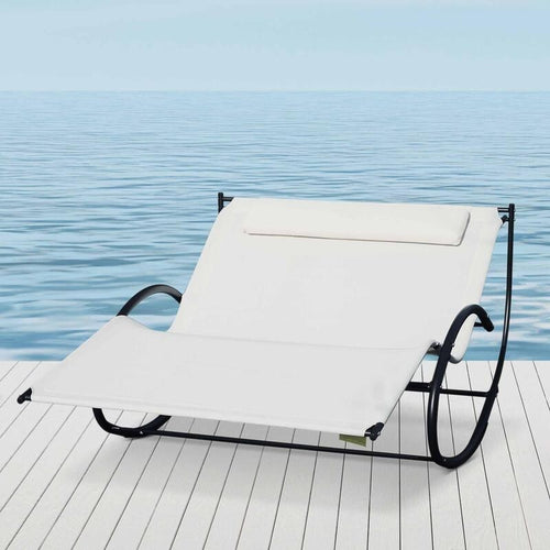 Double Hammock Sun Lounger Chair Garden Rocker with Pillow – Cream