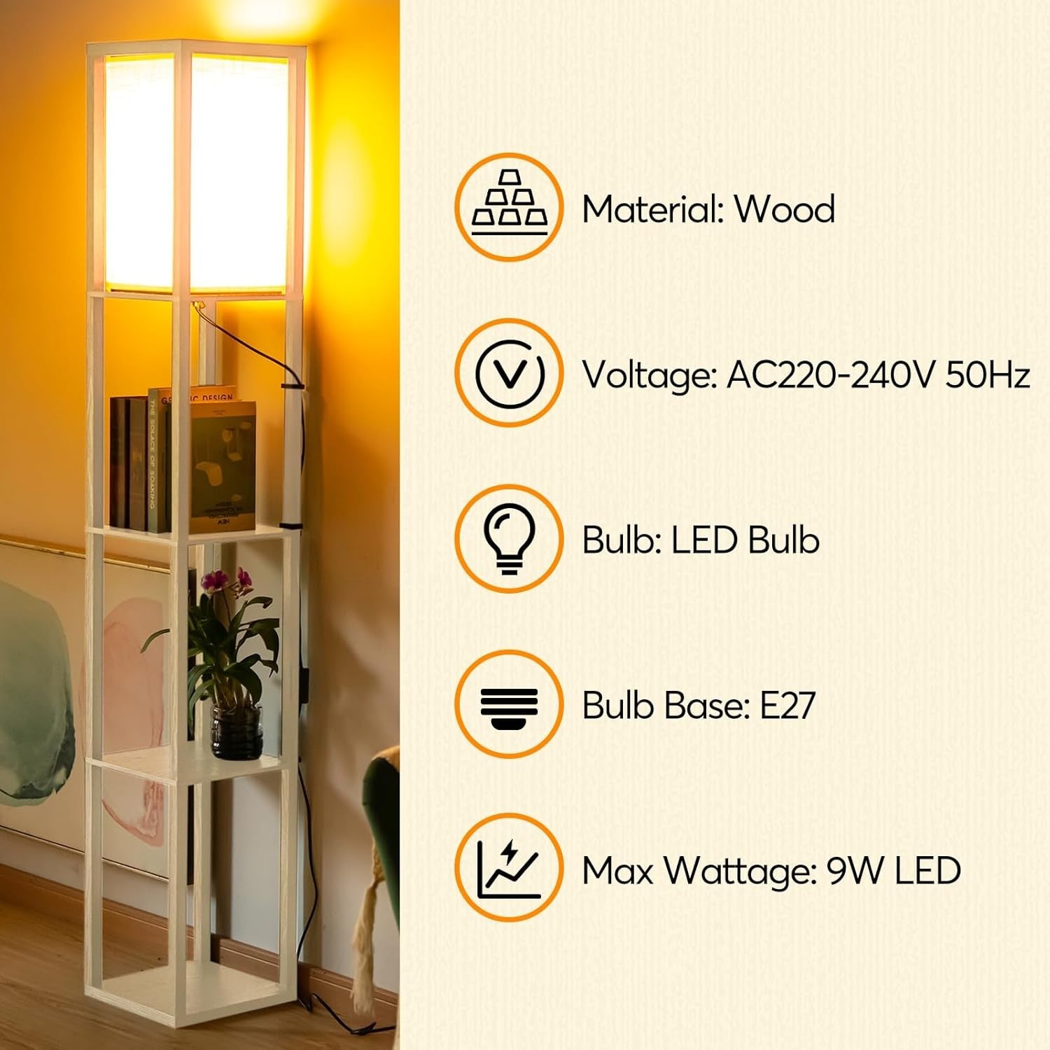 Floor Lamp With Shelves LED Wooden Storage Standing Light Living Room Bedroom