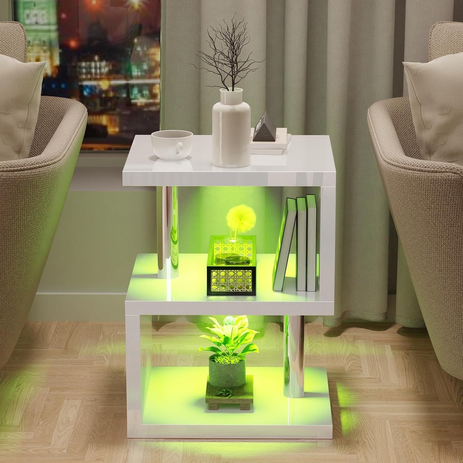 Modern S-Shaped LED Side Table with RGB Lighting & Storage Shelves 44x38x57cm