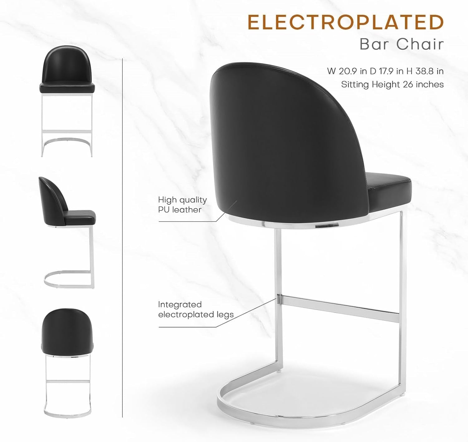 Set of 2 Black Counter Height Bar Stools PU Leather Swivel Chairs