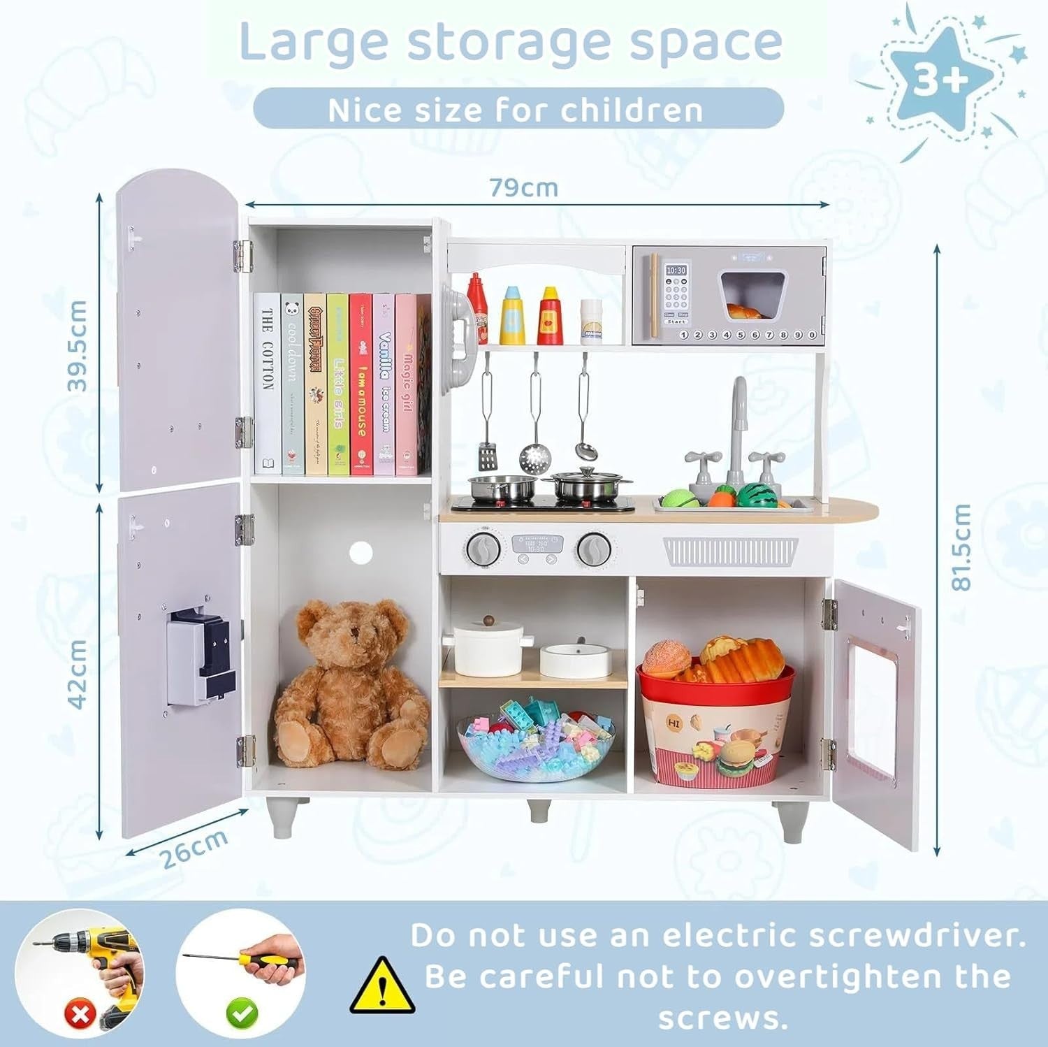 Kids Wooden Play Kitchen w/ Lights Sounds Ice Cream Maker Grey