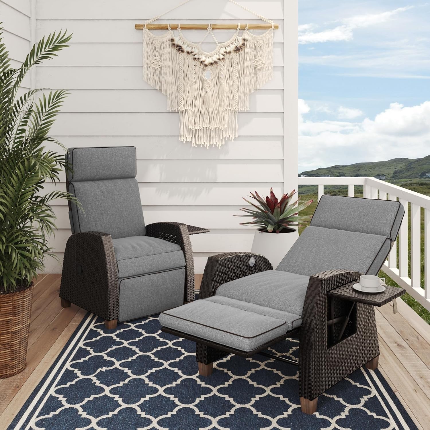 Adjustable Outdoor Recliner Patio Chair Wicker Sun Lounger Dark Gray