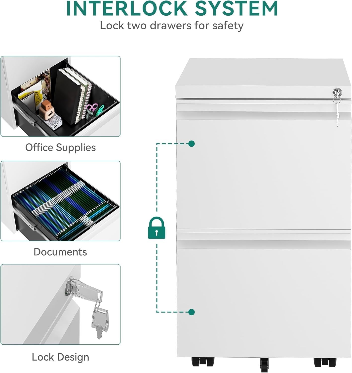 White 2 Drawer Lockable File Cabinet 51x39x71cm Mobile Steel