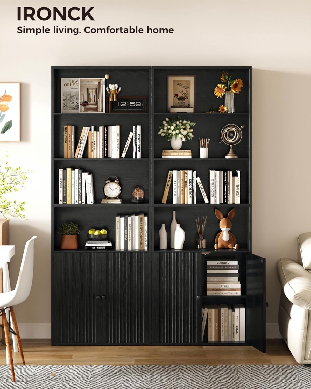 6-Tier Tall Bookshelf with Doors, Space-Saving Storage & Cabinet, Black