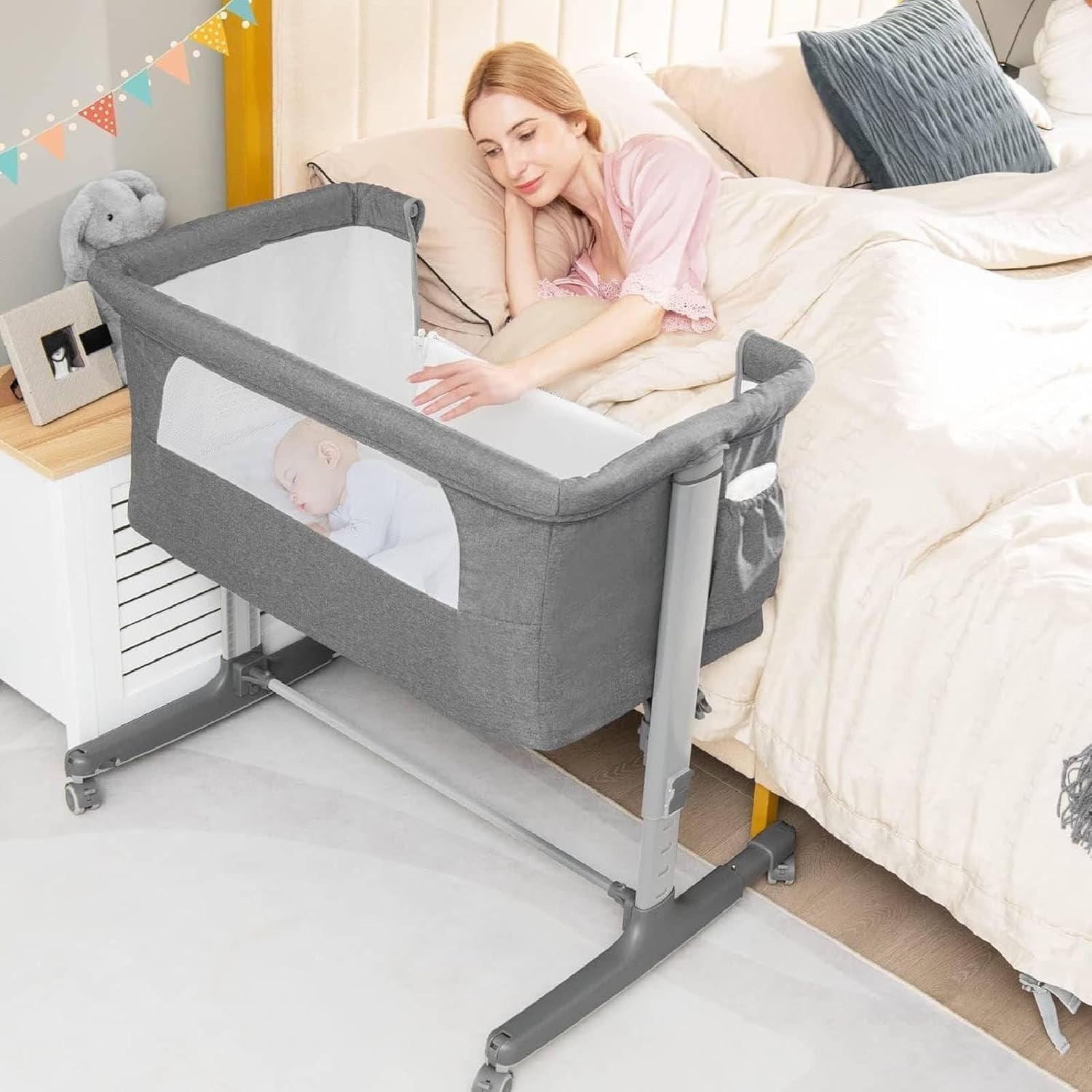 3-in-1 Baby Bedside Crib with Adjustable Heights, Mattress & Carry Grey