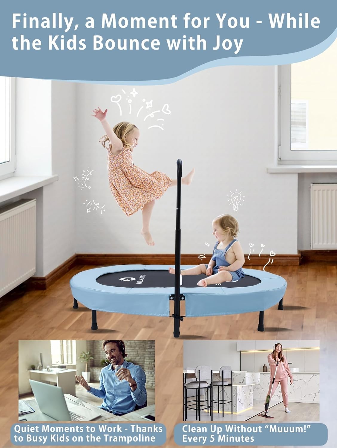 Oval Indoor Trampoline for Two Quiet Rebounder Handle 150KG