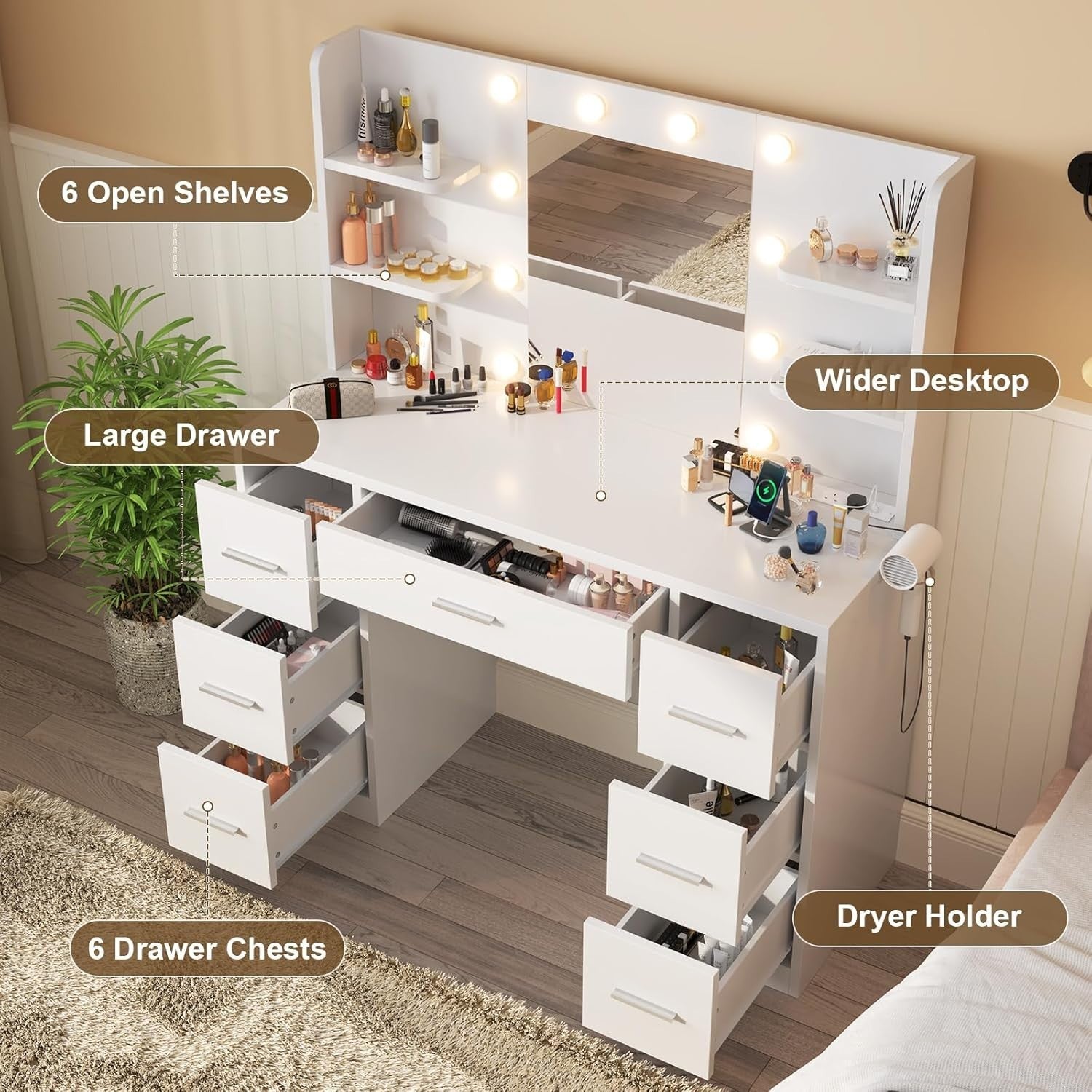 White Dressing Table Vanity Makeup Desk 7 Drawers LED Lights Mirror Power Outlet
