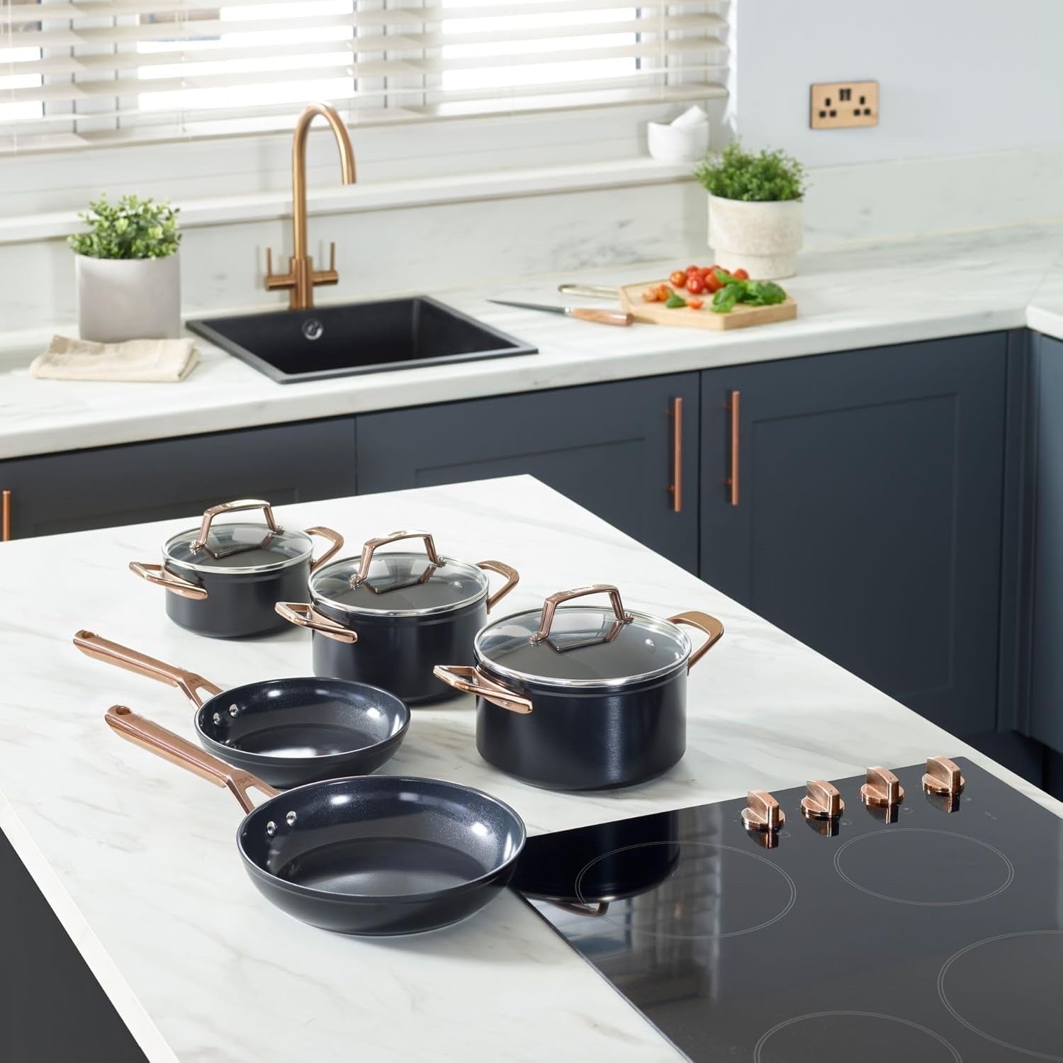 5pcs Non Stick Ceramic Cookware Set Saucepans & Frying Pans Black Copper
