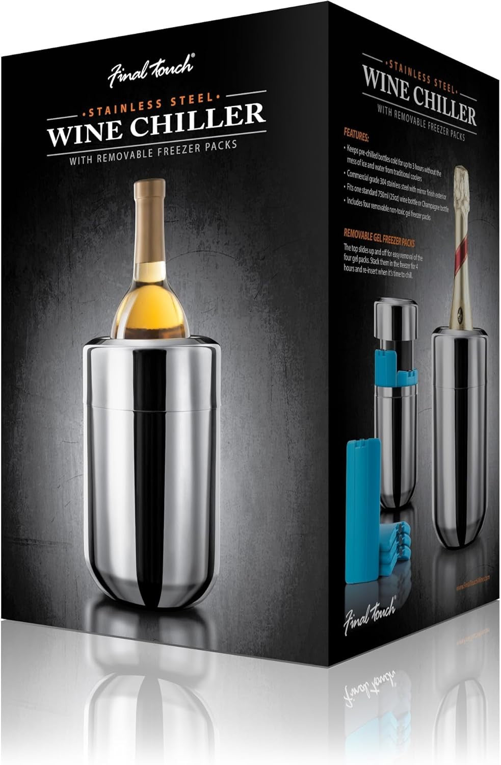 Wine Bottle Chiller Stainless Steel with Removable Gel Ice Packs 750ml