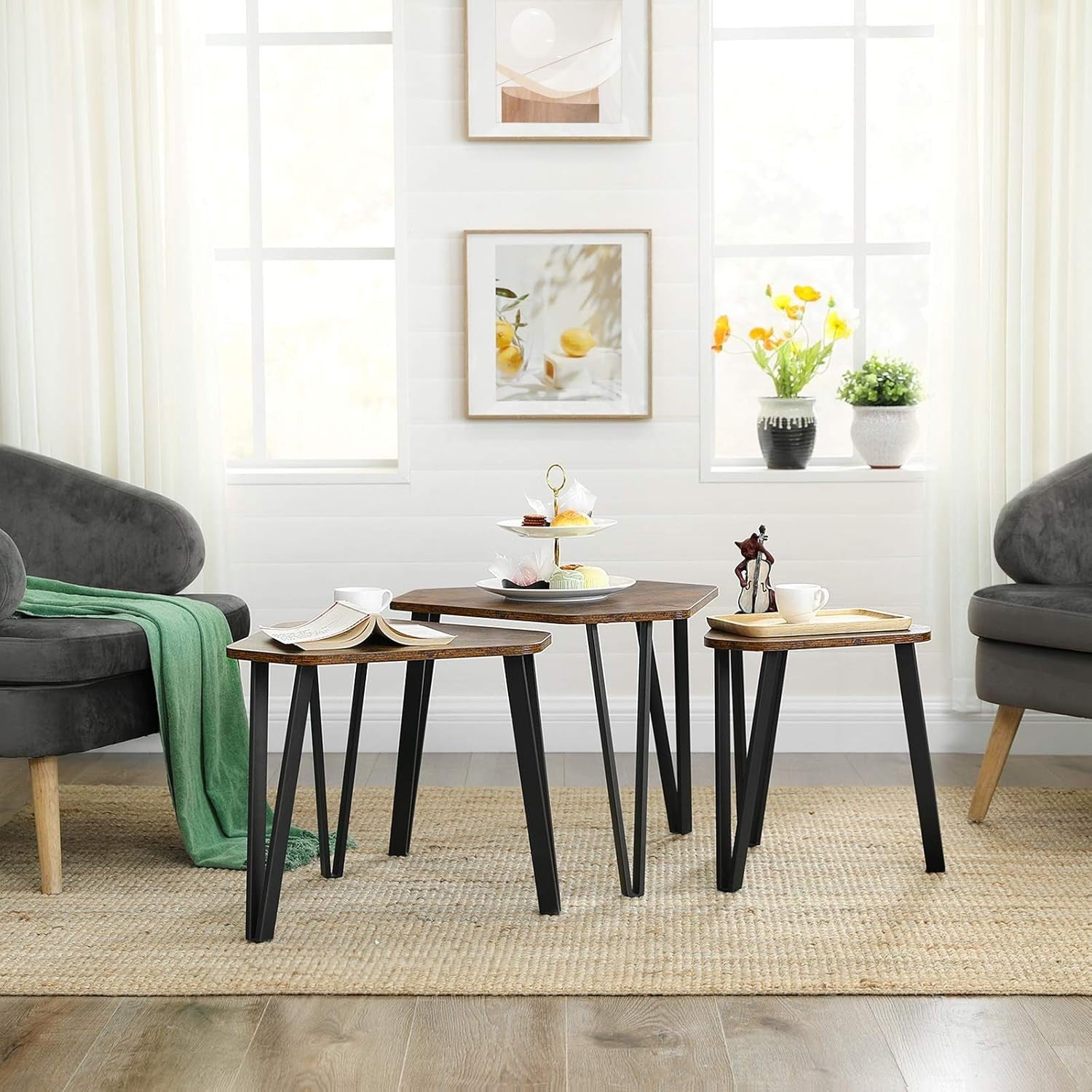 3pc Nesting Coffee Tables Set 51.9cm Industrial Side End Table Rustic Brown