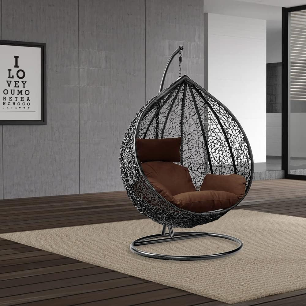 Black Rattan Egg Chair with Stand Outdoor Indoor Swing with Brown Cushion
