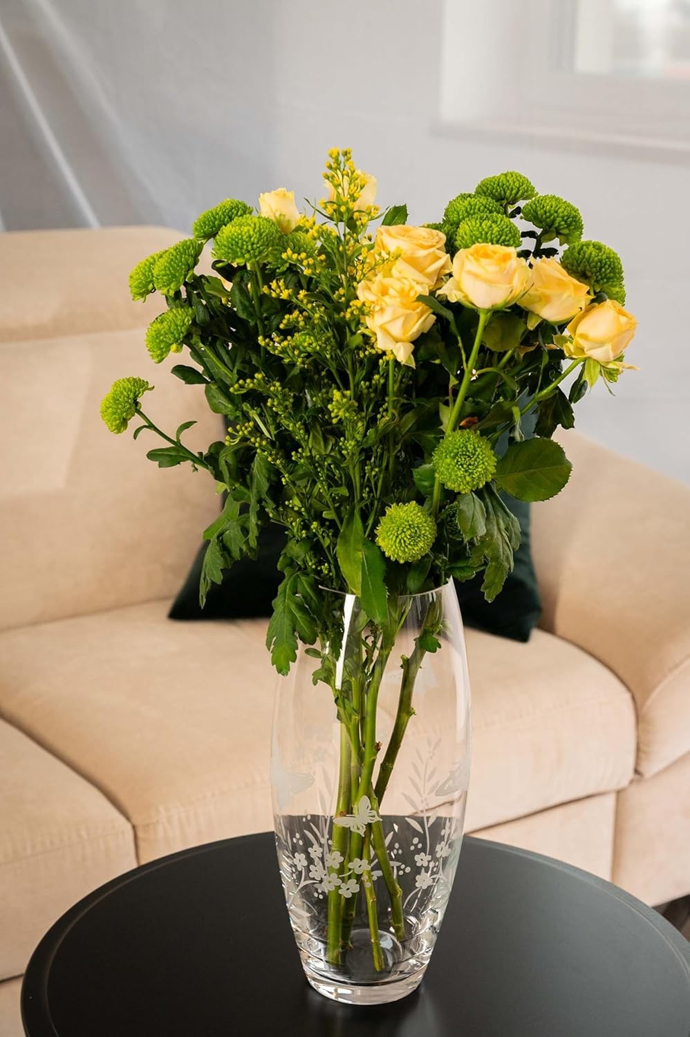 Crystal Glass Flower Vase 30cm Tall Etched Butterfly Floral Home Décor
