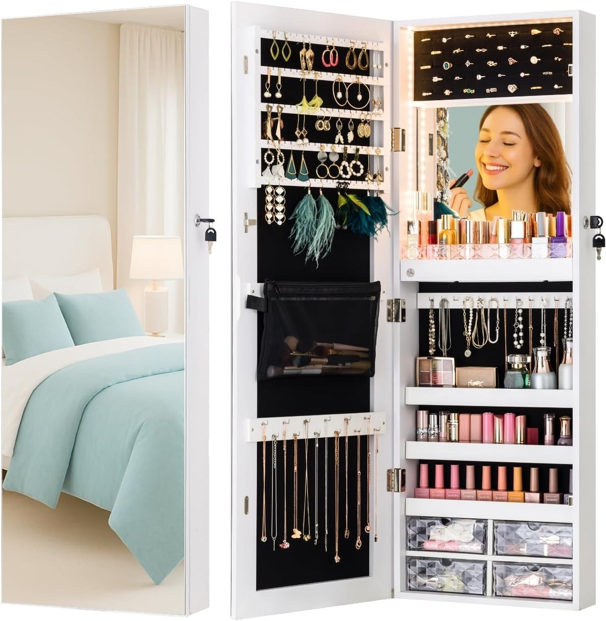 Wall Mounted Jewelry Mirror Cabinet LED Light Lockable Storage Organizer