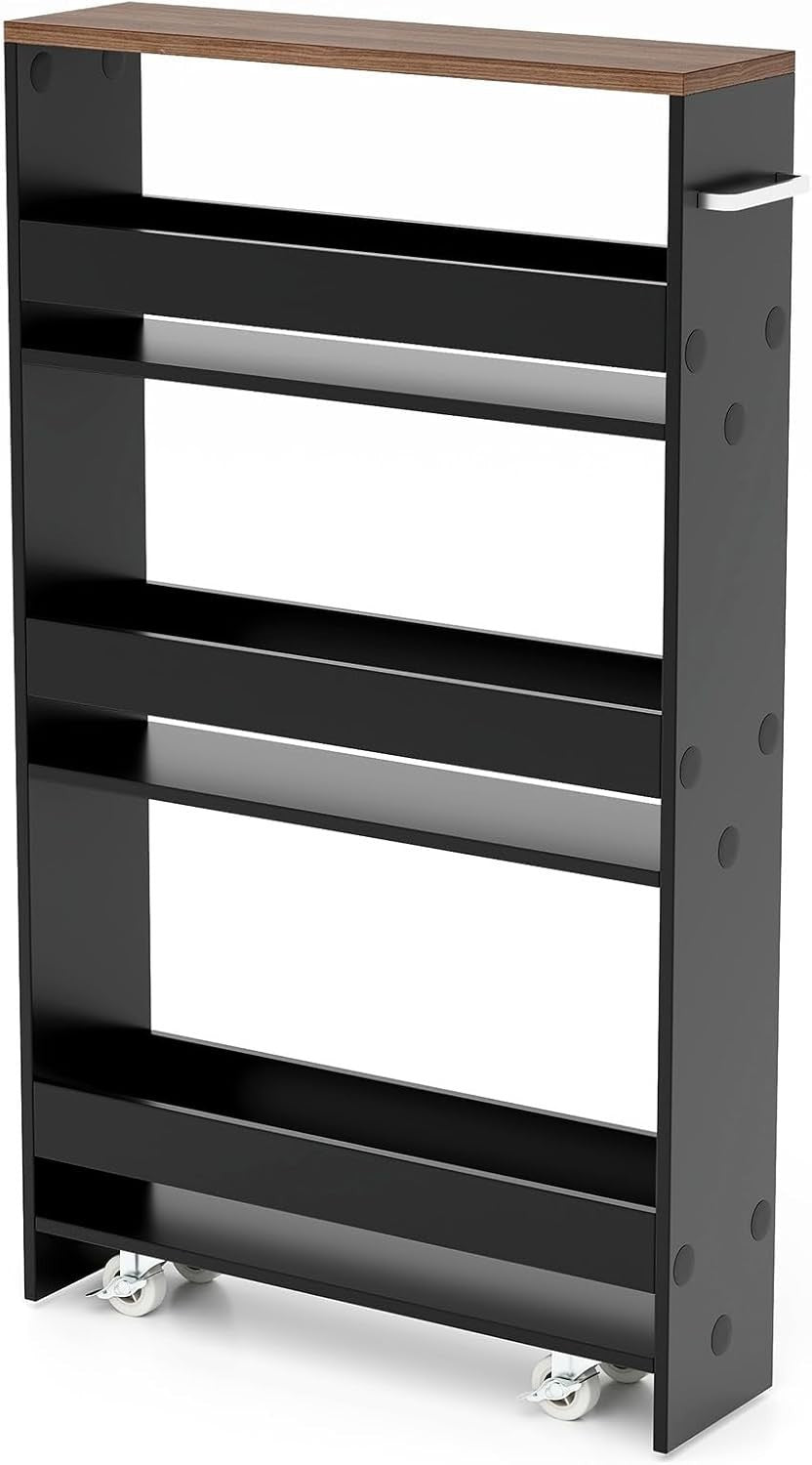 4 Tier Slim Kitchen Storage Trolley Rolling Cart Black Brown Narrow