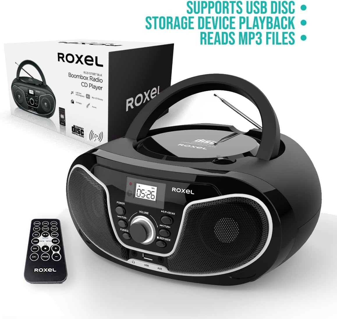 Portable Boombox CD Player Bluetooth FM Radio USB AUX Remote 8W