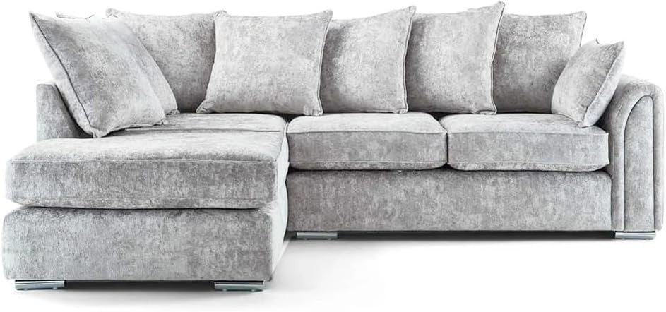 Silver Chenille 4 Seater Left Hand Corner Sofa Bed with Footstool
