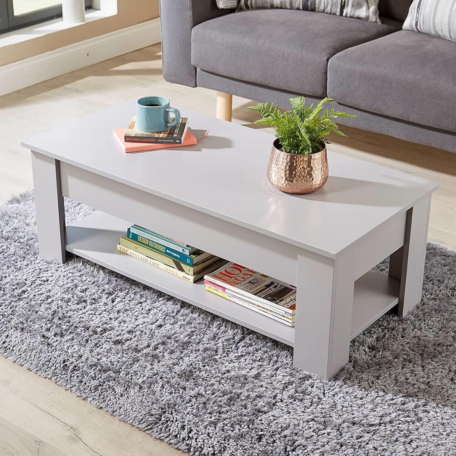 Lift Top Grey Coffee Table 100x50cm with Hidden Storage & Shelf Modern