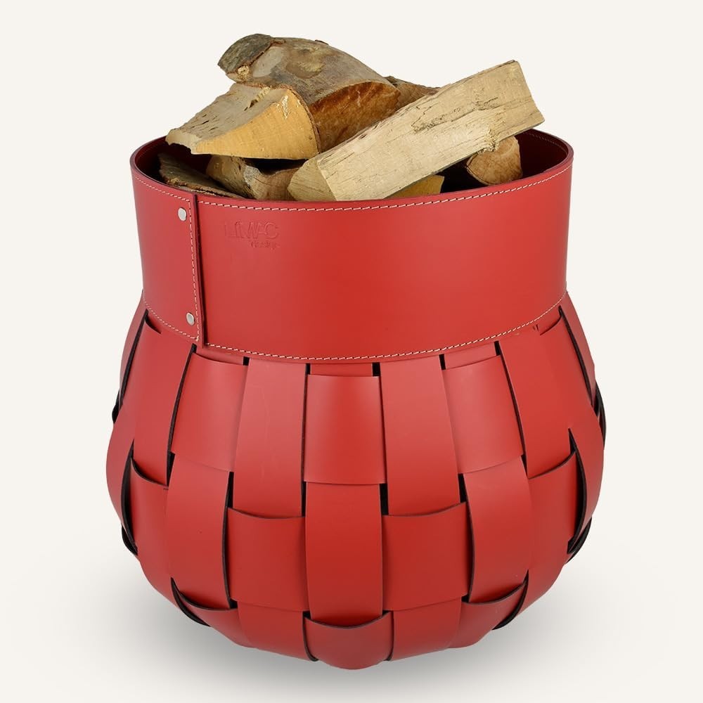 Red Leather Firewood Basket with Wheels – Indoor Log Holder, 45x45x48 cm