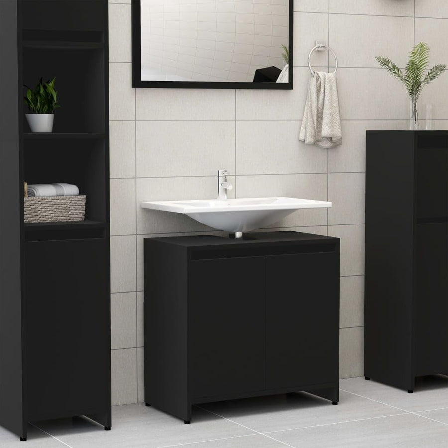 Modern Black Bathroom Sink Cabinet – 2 Door Under Sink Storage Unit 60x61cm