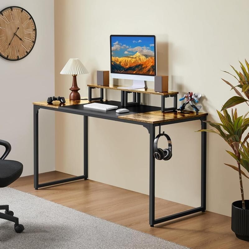 140cm Rustic Computer Desk with Monitor Stand, Cable Ports & Headset Hook