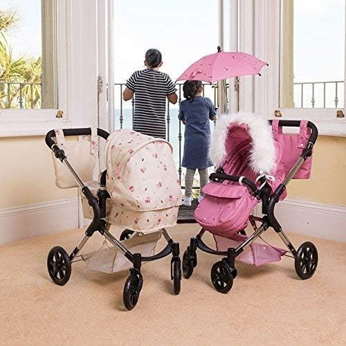 Twin Dolls Pram Pink Adjustable Handle Lightweight Double Buggy for Kids