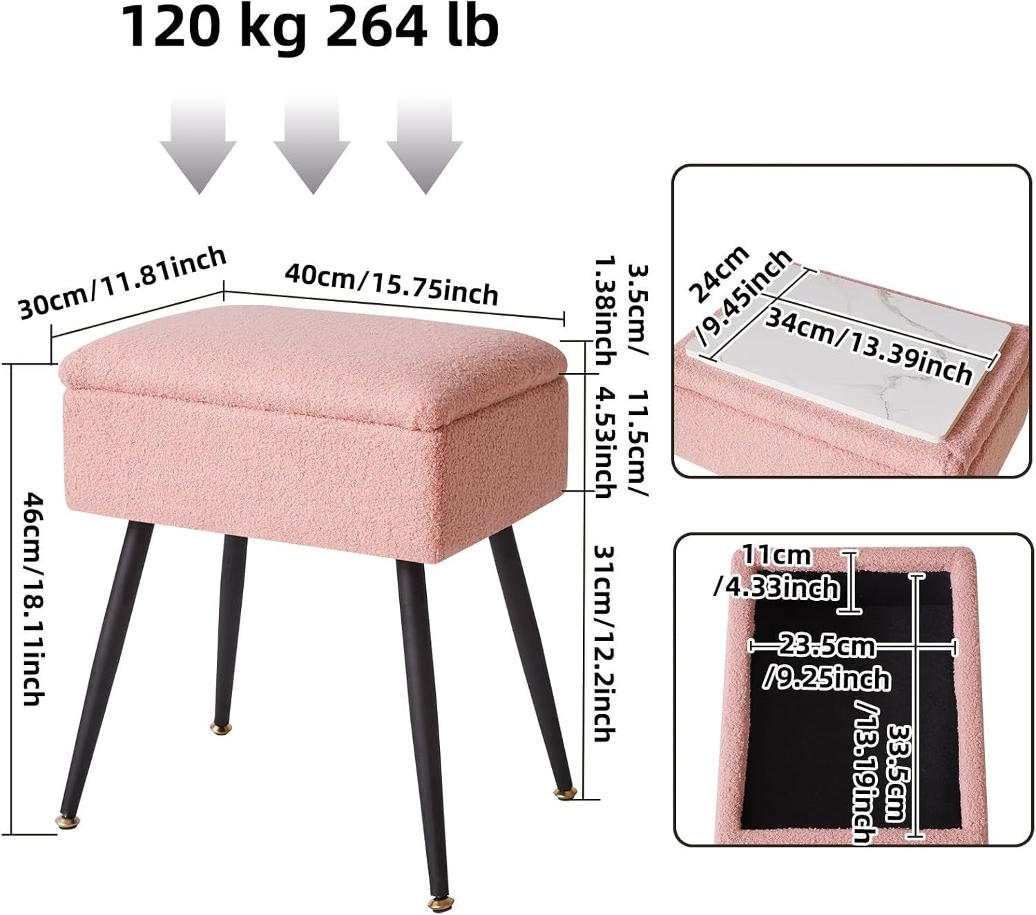 Pink Teddy Fur Vanity Stool with Storage – Soft Ottoman Chair for Bedroom