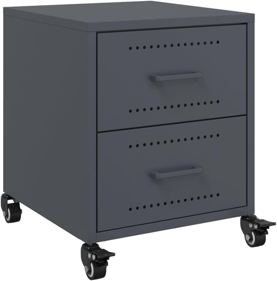 Set of 2 Grey Metal Bedside Tables with Wheels | Modern Mobile Nightstands