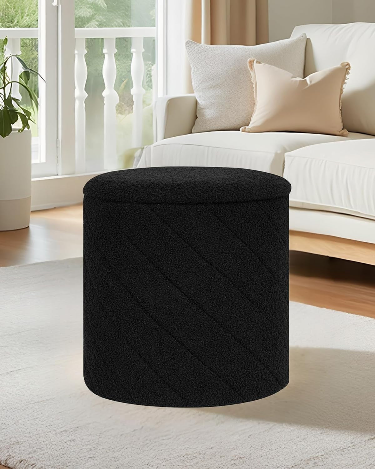 Black Boucle Round Storage Ottoman Stool Footrest Vanity Seat