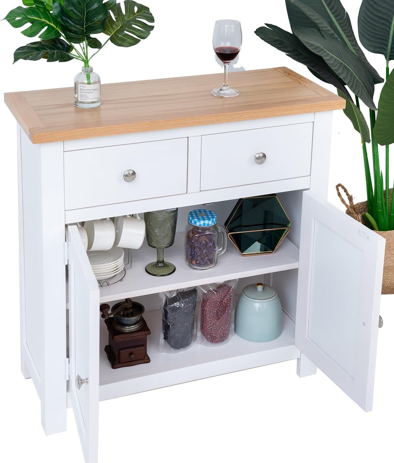 Oak Sideboard Cabinet with 2 Doors & 2 Drawers Kitchen Storage Buffet White