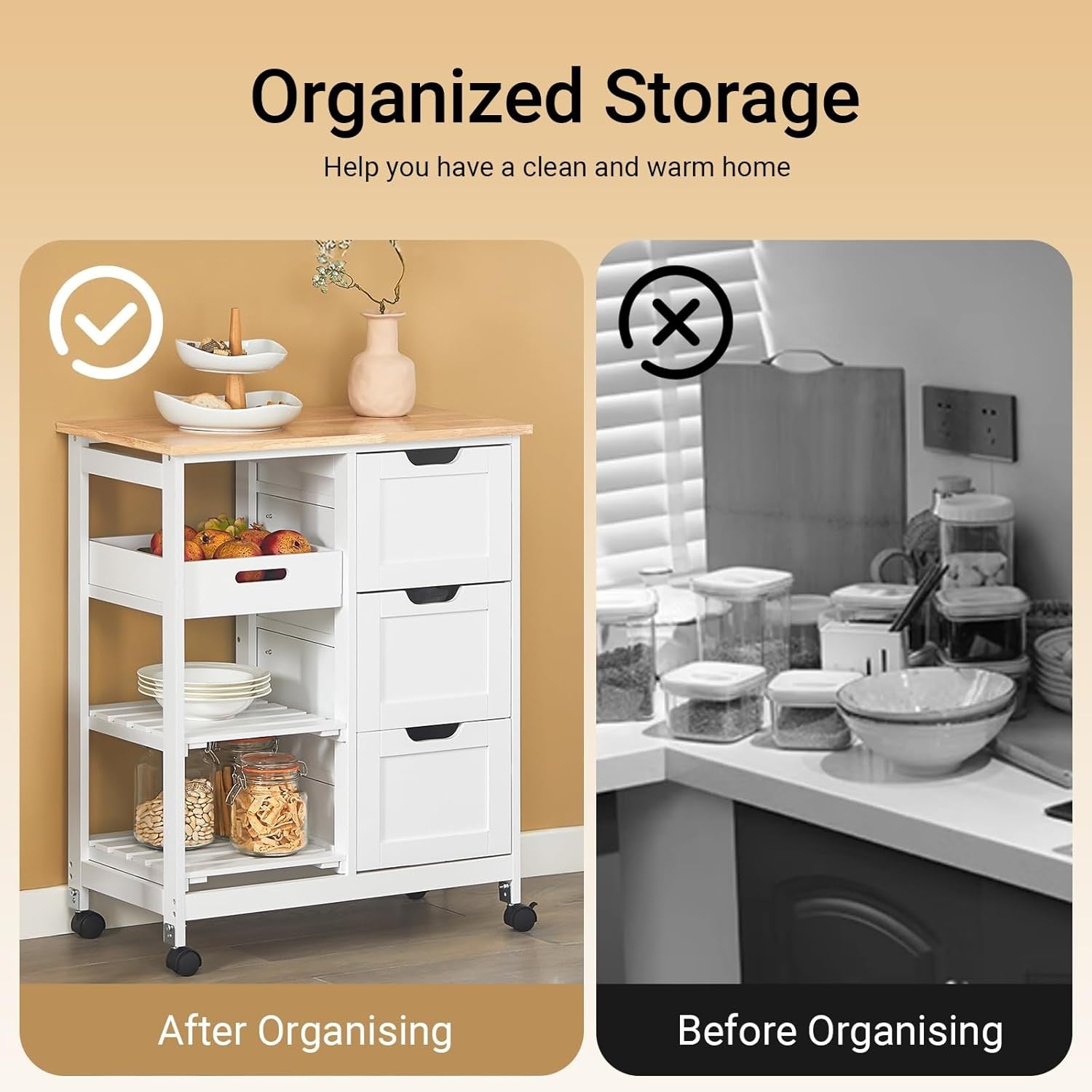 Kitchen Island Trolley Rolling Storage Cart 3 Drawers Butcher Block Top