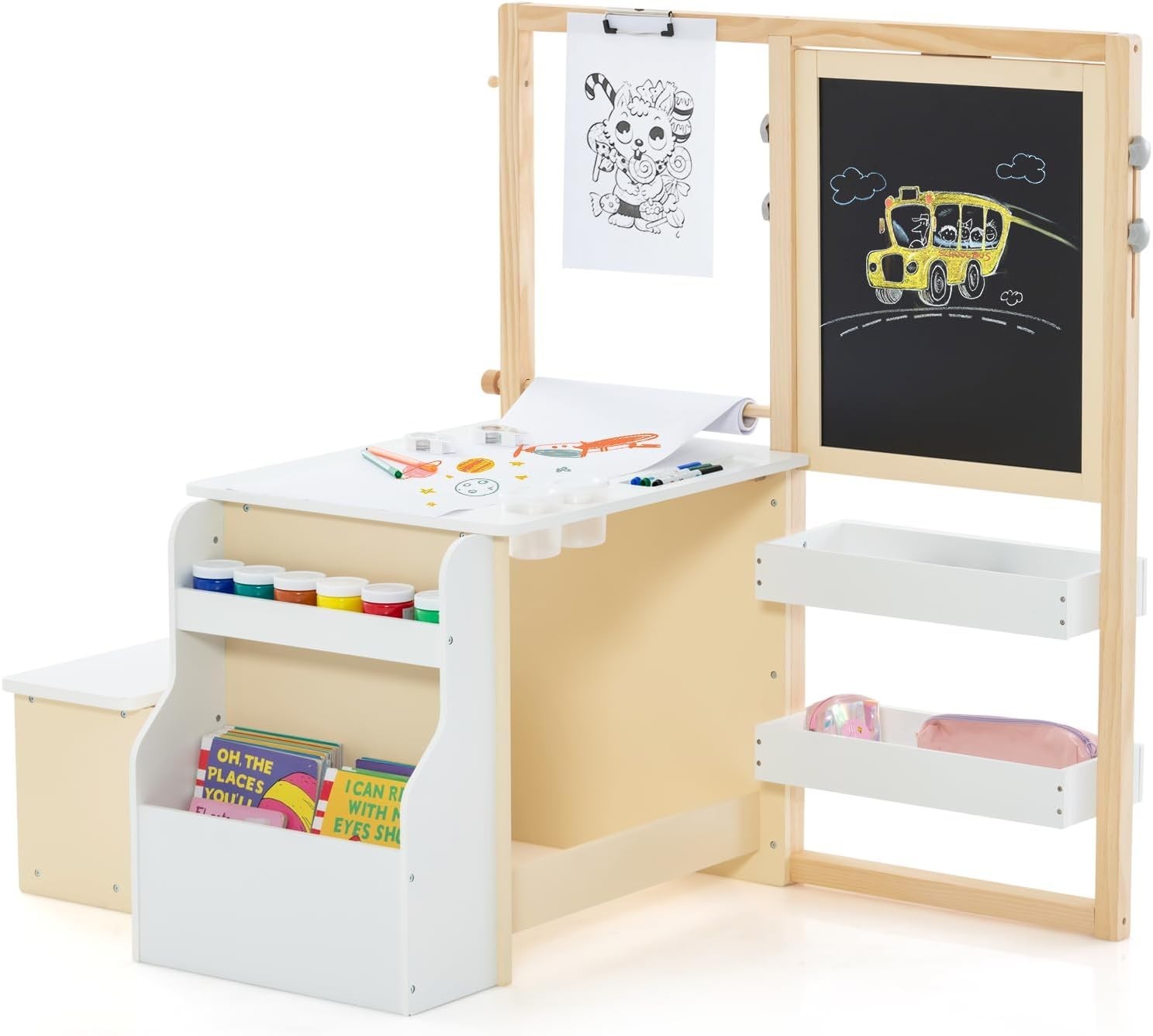 Kids Art Table & Chair Set with Double-Sided Easel, Storage & Paper Roll