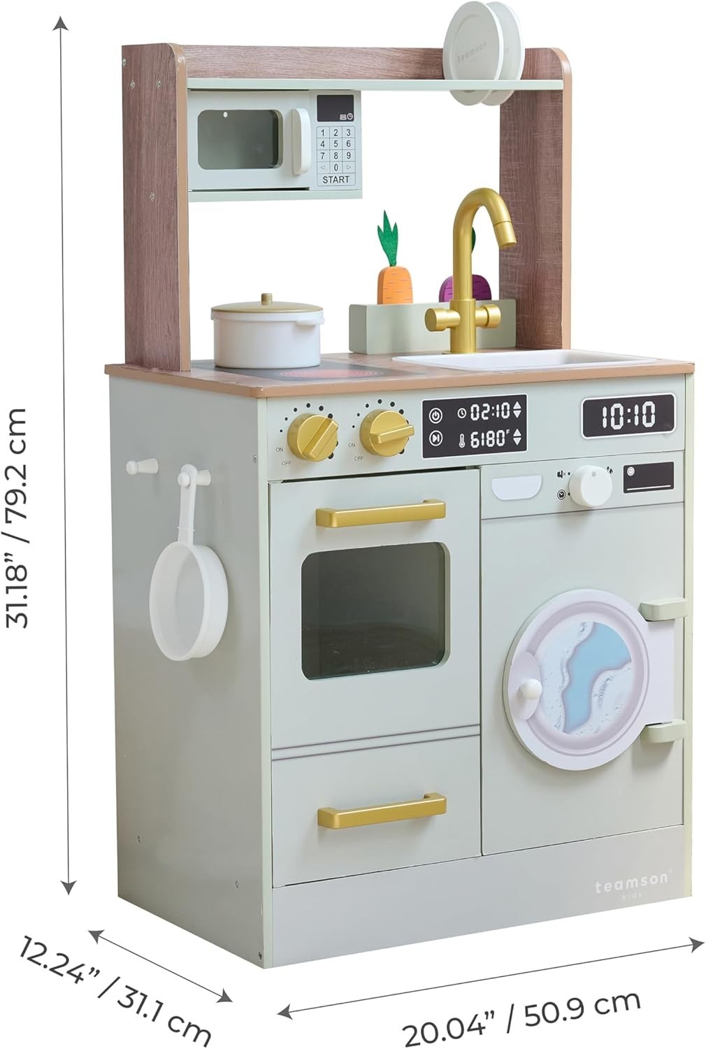 Wooden Kids Play Kitchen Green Mini Garden Washing Machine Toy Set