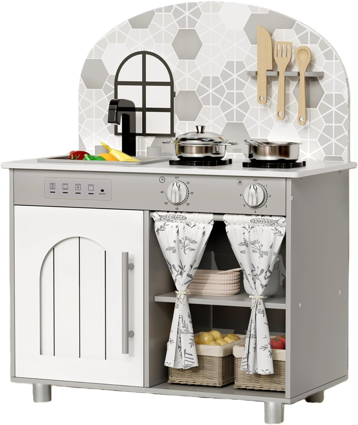 Kids Wooden Play Kitchen w/ Real Sound Stove Grey Toy Set